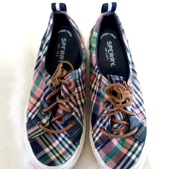 Women SPERRY Canvas Boat Loafers Flats Shoes 6 Plaid Navy Blue Coral Leather Tie - Picture 2 of 12